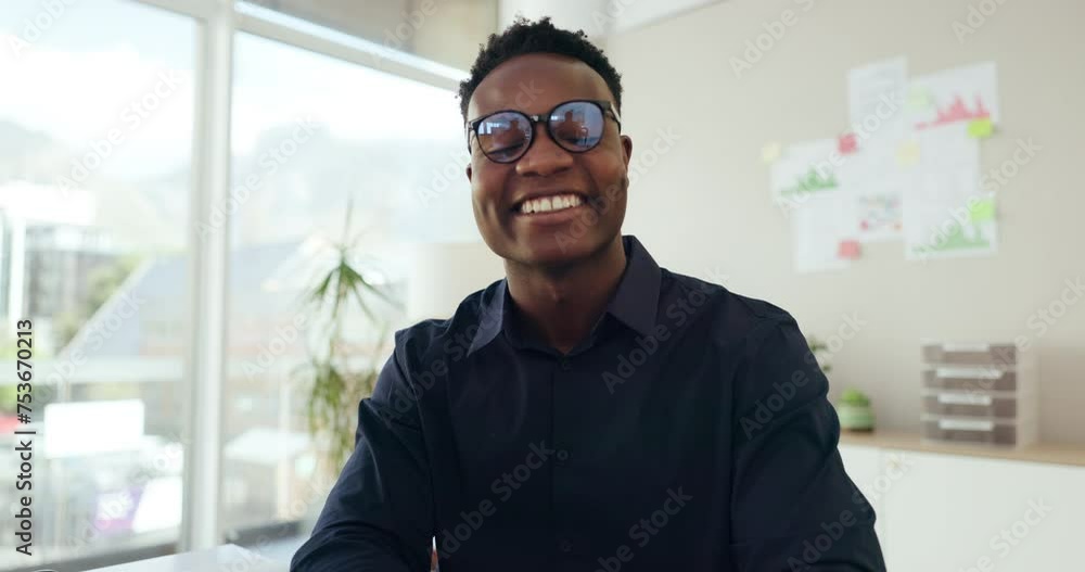 Sticker Face, video call and business with black man, waving and greeting with internet and modern office. Portrait, African person and employee with virtual meeting and conversation with discussion or smile