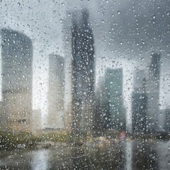Rainy cityscape with blurred skyscrapers, viewed through wet window glass. 