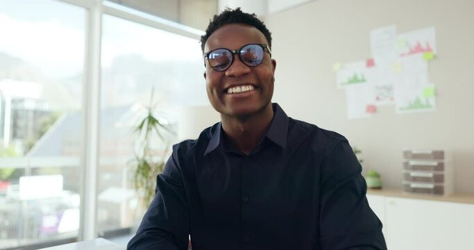 Face, video call and business with black man, waving and greeting with internet and modern office. Portrait, African person and employee with virtual meeting and conversation with discussion or smile
