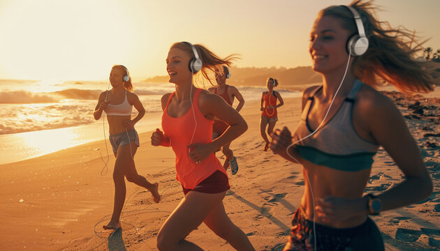 a group of friends running along the beach all wear