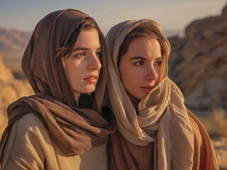 Two young women wearing headscarves gaze into the distance, sunlight casting a warm glow on their faces.