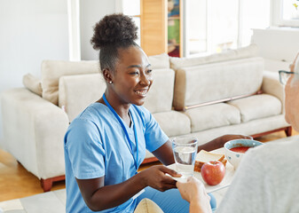 nurse senior woman home care patient elderly lunch caregiver meal food hospital eating eat recovery...