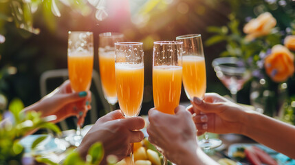 Friends Toasting with Sparkling Mimosas on a Sunny Garden Patio, Celebration of Life's Joyful Moments with Bubbly Orange Cocktails