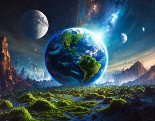 Abstract cosmic illustration with a blue Earth globe surrounded with many moons, on a green mossy planet surface. 
