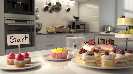 sweets, cakes, and indulgent treats displayed on a white table in a modern kitchen, juxtaposed with the Start Diet message on a sticky note.
