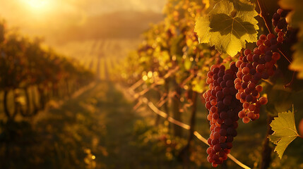 Sunset Glow over Lush Vineyards: Ripening Grapes Bask in the Warmth of Golden Hour in a Picturesque Vineyard Scene - obrazy, fototapety, plakaty