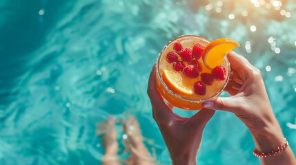 top view close-up of female hands holding a glass of fruit cocktail against a background of clear turquoise water, with copy space for text. cocktail at sea,banner.Vacation concept