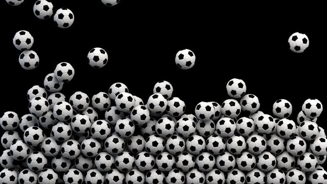 Falling pile of soccer balls – 3d render with alpha channel.