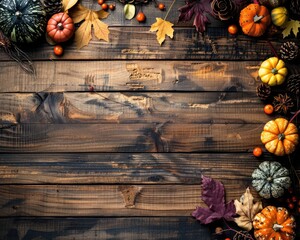 Rustic wooden background with Thanksgiving or holiday theme. Space for writing