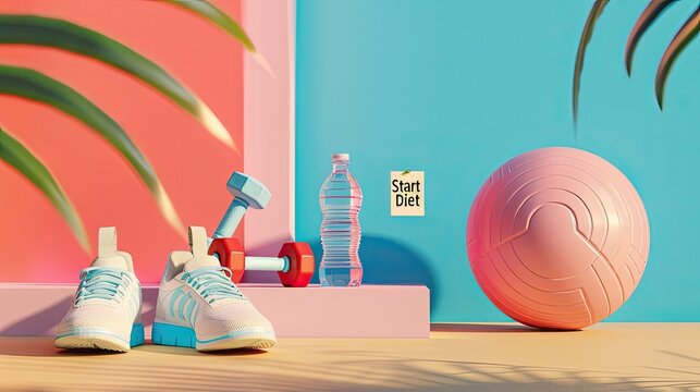 a dumbbell, exercise ball, water bottle, and sneaker arranged on a light background, with the motivating Start Diet note prominently displayed.