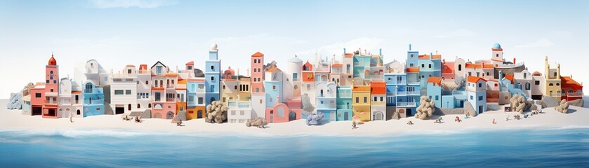Serene isometric 3D Spanish beaches and coastal towns bathed in pastel hues