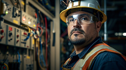 Electrical engineer man wearing safety glasses and helmet on background control panel for high current and voltage