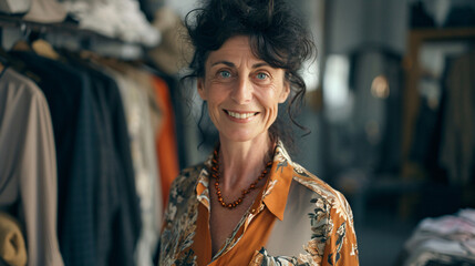 Portrait of smiling beautiful senior clothing designer at tailor workshop - obrazy, fototapety, plakaty