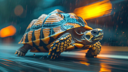 Turtle running extremely fast on busy city street at night showing a speed light trails and motion blur - obrazy, fototapety, plakaty