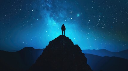 man on the mountain peak at starry night. Silhouette of alone guy, blue sky with bright stars in...