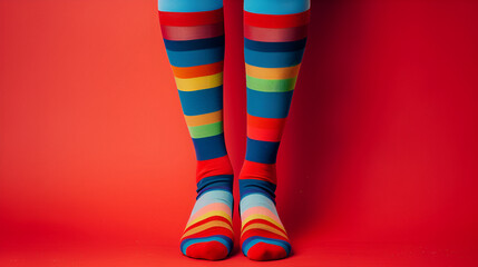 close up of colorful socks on the red background
