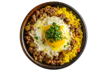 top view of bobotie, a South African dish featuring spiced minced meat baked with an egg custard topping, served with yellow rice and chutney.