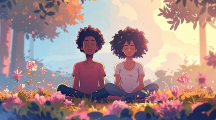 Two individuals meditating in a serene, flower-filled sunset landscape.