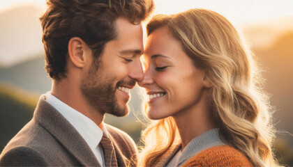 Um casal de namorados sorrindo, com rostos juntos, em contraluz, iluminados pela luz do pôr-do-sol. - obrazy, fototapety, plakaty