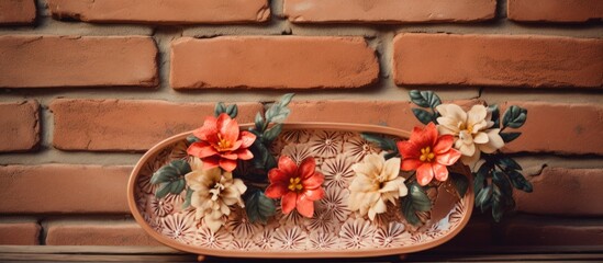 Tray with flower pattern displayed on brick wall for decorative purpose