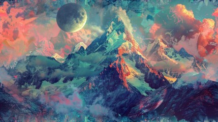 an abstract mountainous landscape, a visionary fusion conceived by various artists, depicting surreal undulating peaks and valleys. SEAMLESS PATTERN - obrazy, fototapety, plakaty