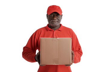 professionalism of a courier service holding a box without a label on a white background.