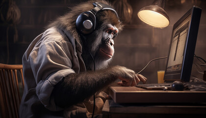 A monkey in headphones with a smart look sits at the table and works on the keyboard in front of the computer, side view - obrazy, fototapety, plakaty