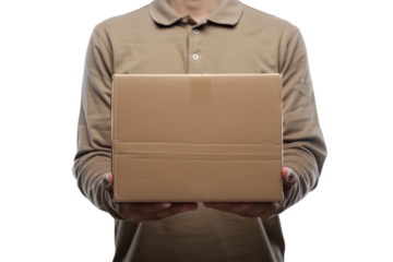 feeling of reliability and security by imagining a courier carrying a nondescript box against a clean white background.