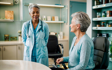 An adult woman in her 60s discusses her health with a female doctor in a medical clinic office; both appear engaged and at ease during the consultation.