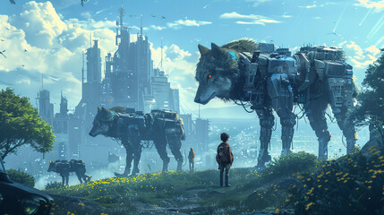A village boy protects his castle from robot wolves in the 2085 years - obrazy, fototapety, plakaty