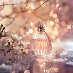 Dreamy Perfume Bottle with Soft Focus. Gentle Glow. Floral Touch. Ai generated.