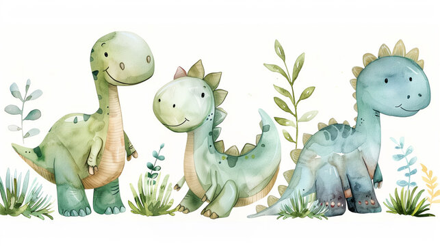 Adorable hand-drawn watercolor baby dinosaur composition, watercolor, white background 