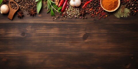 Top view of wooden table with spices and ingredients for cooking food, with space for text.
