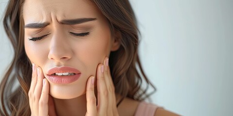 girl with toothache, holding her cheek