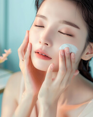 Young beautiful korean women applying skin products. Facials and Skin Care.