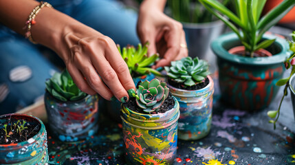 Female hands planting succulents in painted and decorated old jars. Hobby, home gardening, DIY, zero waste, sustainable lifestyle, eco friendly concept - obrazy, fototapety, plakaty