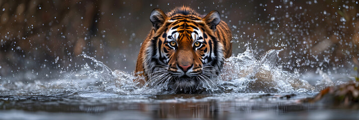Amur Tiger Playing in the Water Siberia's Beauty,
Tiger swims in the river in the forest - obrazy, fototapety, plakaty