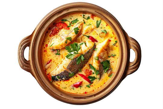Brazilian-style moqueca de peixe, with fish stewed in coconut milk and palm oil, flavored with peppers, tomatoes, and cilantro, clay pot on a white background.