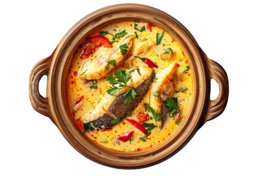 Brazilian-style moqueca de peixe, with fish stewed in coconut milk and palm oil, flavored with peppers, tomatoes, and cilantro, clay pot on a white background.