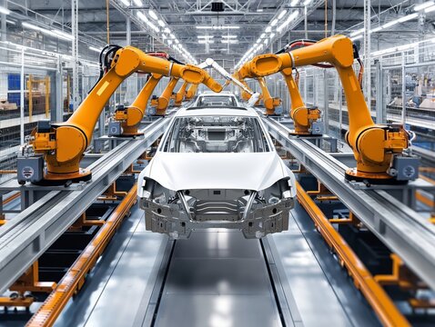 Automated robotic arms assembling a car body on a production line, showcasing industrial efficiency.