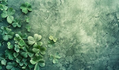 Closeup of Bright Green Clover Leaves Glistening Background with Copy Space