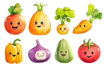 cute vegetables characters with a smile on a white background