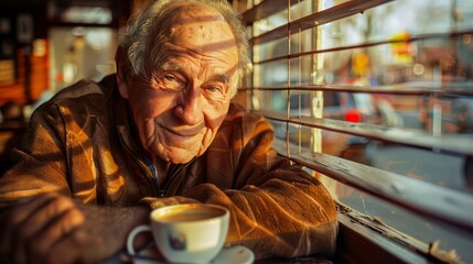 A contemplative senior man sipping coffee in a cozy cafe, with a serene view from the window
