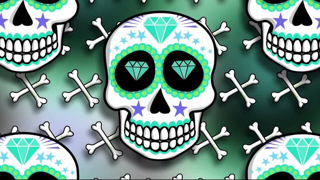Seamless cartoon background with Mexican sugar skulls. Halloween vector style animation with catrina illustration 