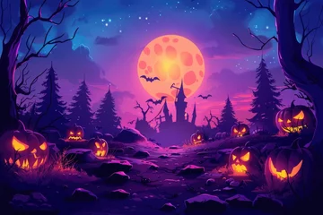 Papier Peint photo Violet halloween cartoon template background with halloween themed scene 