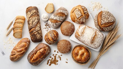 nutritious bread options displayed elegantly on a white table, captured from above in a flat lay composition.