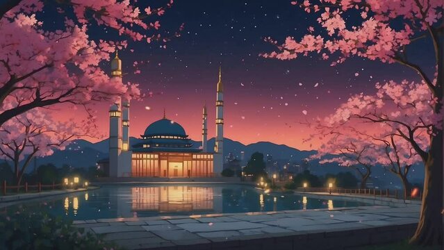 Animation and illustration of a mosque with a Japanese or Korean view of cherry trees at night. Ramadan background. Animation style Smooth, repeating digital painting.