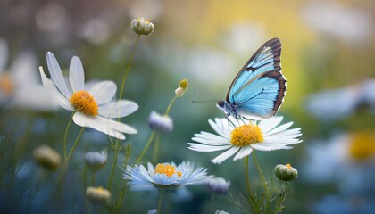 Background flower butterfly spring garden floral beauty blossom plant blue. Garden spring butterfly background summer flower field white color season banner daisy wild morning nature meadow bloom teal
