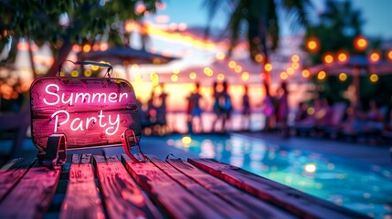 Neon 'Summer Party' sign at a pool party with festive ambiance and people in the background - obrazy, fototapety, plakaty