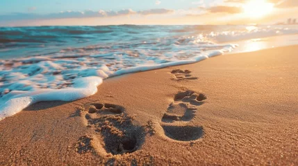 Foto op Plexiglas A pair of footprints in the sand near the water at sunset, beach, summer, travel, journey or adventure © Intelligent Horizons